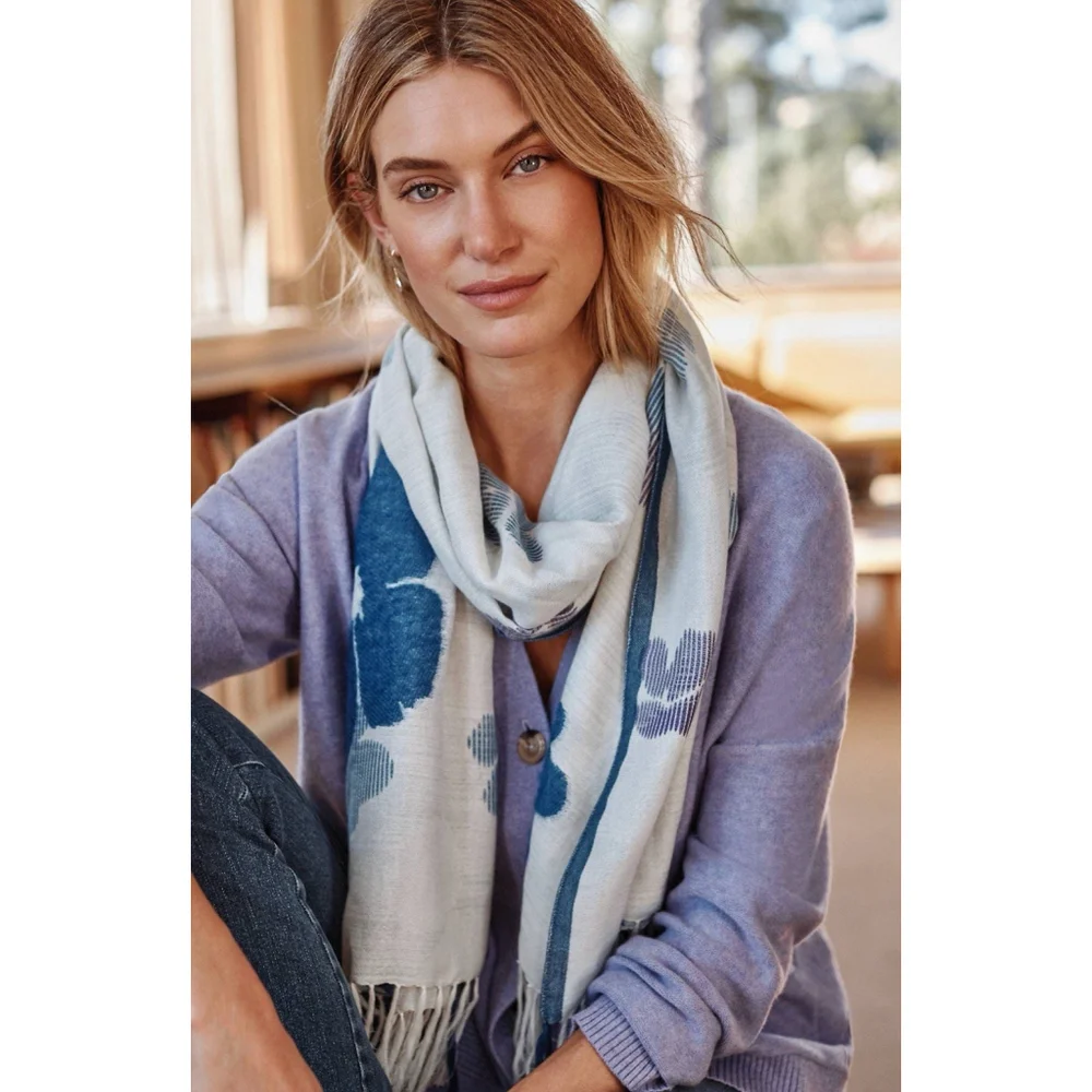 J.jill Striped Flower Scarf In Sapphire Multi Wrap Shawl Cottage Romantic Boho